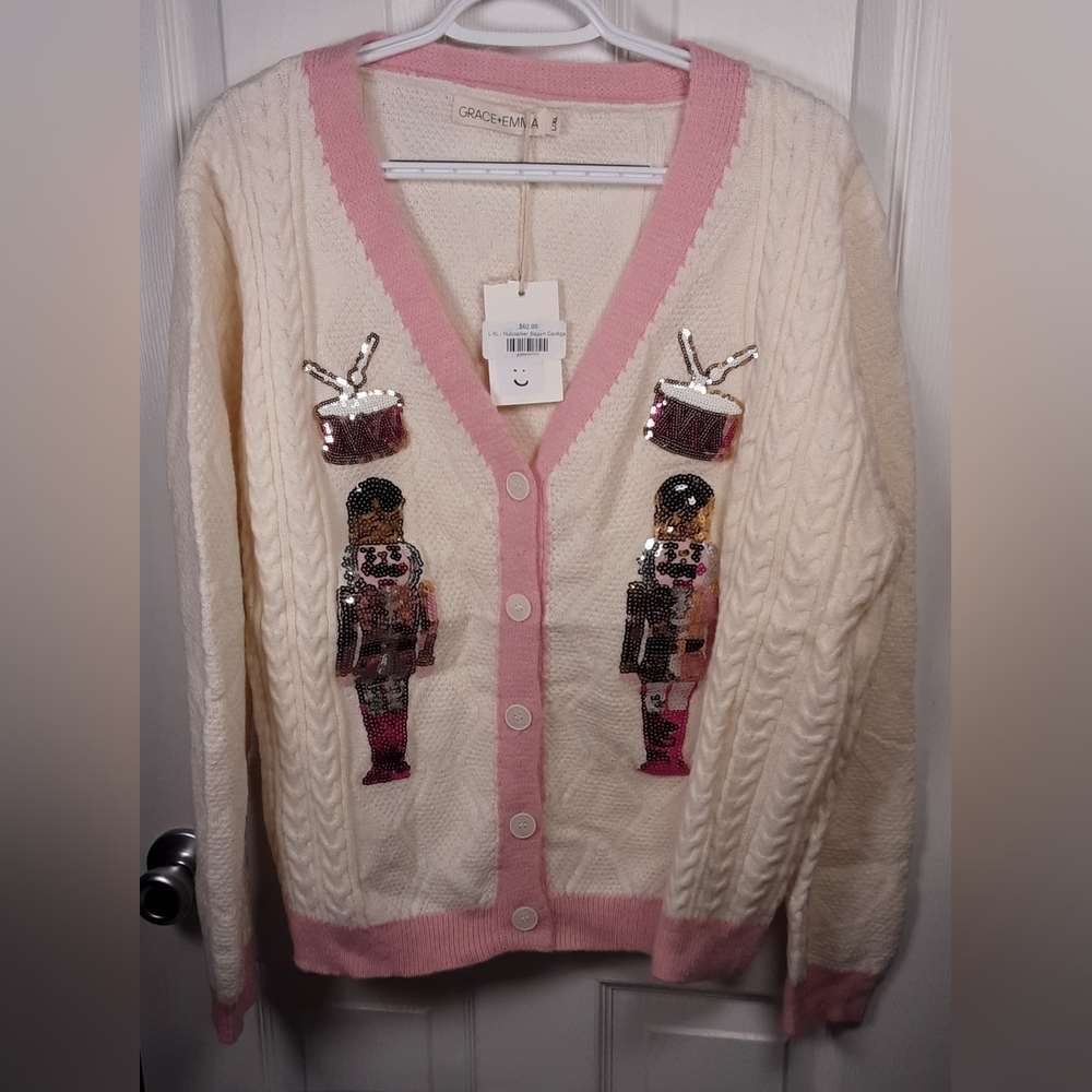 NWT Ladies Nutcracker Sequin Cardigan Sweater Cream & Pink